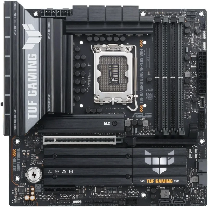ASUS TUF GAMING B860M-PLUS WIFI LGA 1851 Intel B860 Micro ATX Motherboard Core Ultra Series 2 Ready AI PC-Ready DDR5 PCIe 5.0 x16 Slot 3x M.2 Slots Wi-Fi 7 2.5GbE Realtek LAN HDMI DisplayPort Rear USB 20Gbps Type-C 12+1+2+1 Phase 80A DrMOS VRM Military-Grade TUF Components Aura Sync RGB BIOS FlashBack - Black - Featured Image