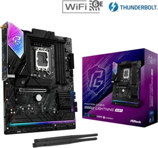 ASRock Phantom Gaming B860 Lightning WiFi LGA 1851 Intel B860 ATX Motherboard DDR5 PCIe 5.0 x16 Slot 4x M.2 Gen4 Slots SATA 6Gb/s Realtek 2.5G LAN Wi-Fi 6E Bluetooth 5.2 Realtek ALC1220 Audio USB 3.2 Gen2x2 Type-C Polychrome RGB Lightning Design Supports Intel Core Ultra Series 2 Processors - Black