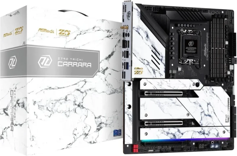 ASRock Z790 Taichi Carrara LGA 1700 Intel Z790 EATX Motherboard DDR5 4 Slots up to 7200+(OC) Dual PCIe 5.0 x16 Slots 5x M.2 (1x Gen5) Slots Killer 2.5G LAN Wi-Fi 6E Bluetooth 5.2 Realtek ALC4082 5.1 Audio Dual USB4 Thunderbolt 4 Type-C 24+1+2 Phase 105A SPS VRM Polychrome RGB Carrara Marble Design Supports 14th/13th/12th Gen Intel Core - White - Featured Image