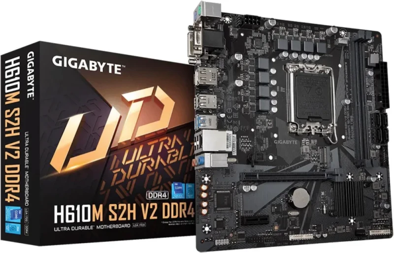 GIGABYTE H610M S2H V2 DDR4 LGA 1700 Intel H610 Micro ATX Motherboard DDR4 up to 3200MHz Single M.2 PCIe 4.0 x4 Slot PCIe 4.0 x16 Realtek 1GbE LAN HDMI DisplayPort D-Sub DVI-D USB 3.2 Gen1 Q-Flash Plus RGB Fusion Smart Fan 6 5+1+1 Phases Hybrid VRM Supports 14th/13th/12th Gen Intel Core - Black - Featured Image