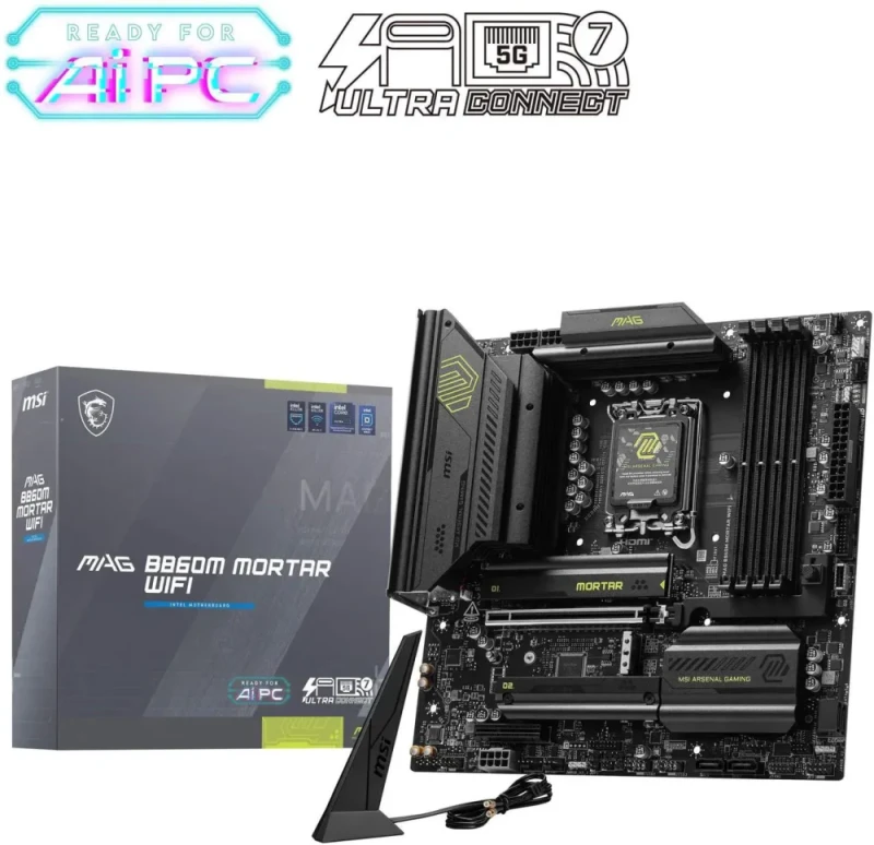 MSI MAG B860M MORTAR WIFI LGA 1851 Intel B860 Micro ATX Motherboard DDR5 PCIe 5.0 x16 Slot Multiple M.2 Slots SATA 6Gb/s 5Gbps LAN Wi-Fi 7 Bluetooth 5.4 Realtek ALC897 Audio USB 3.2 Gen2x2 Type-C Extended Heatsink Mystic Light RGB EZ DIY Features Supports Intel Core Ultra Series 2 Processors - Silver/Black - Featured Image