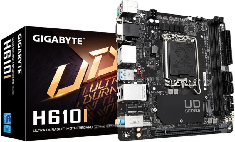 GIGABYTE H610I LGA 1700 Intel H610 Mini-ITX Motherboard DDR5 up to 5600+(OC) Single M.2 PCIe 4.0 x4 Slot PCIe 4.0 x16 Intel GbE LAN HDMI 2x DisplayPort USB 3.2 Gen1 Front Type-C Q-Flash Plus RGB Fusion Smart Fan 6 5+1+1 Phases Hybrid VRM Supports 14th/13th/12th Gen Intel Core - Black - Featured Image