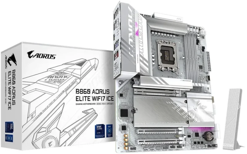 GIGABYTE B860 AORUS ELITE WIFI7 ICE LGA 1851 Intel B860 ATX Motherboard Core Ultra Series 2 Ready DDR5 PCIe 5.0 x16 Slot with EZ-Latch 3x M.2 Slots (1x Gen5) Wi-Fi 7 Bluetooth 5.4 2.5GbE Realtek LAN USB 20Gbps Type-C HDMI DisplayPort Q-Flash Plus RGB Fusion ICE White Edition Premium Cooling - White - Featured Image