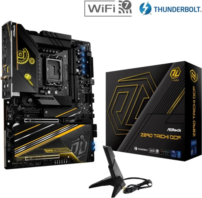 ASRock Z890 Taichi OCF LGA 1851 Intel Z890 ATX Motherboard DDR5 PCIe 5.0 x16 Slot Multiple M.2 Gen5 Slots Thunderbolt 4 Wi-Fi 7 5G LAN Realtek ALC4082 Audio USB 3.2 Gen2x2 Type-C 20+2+1 Phase 110A SPS VRM Overclocking Optimized Polychrome RGB Supports Intel Core Ultra Series 2 Processors - Black - Featured Image
