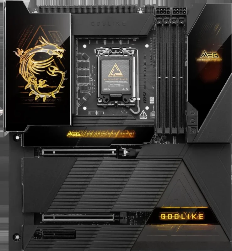 MSI MEG Z890 GODLIKE LGA 1851 Intel Z890 E-ATX Motherboard - Supports Core Ultra Series 2, DDR5 up to 9200+MT/s (OC) 256GB, PCIe 5.0 x16, 5x M.2 Gen5, Wi-Fi 7, 10G LAN, Thunderbolt 4, USB4, Dynamic Dashboard III 7" Touch Panel, Mystic Light RGB, 22+2+1 Phase 110A VRM - Black - Featured Image