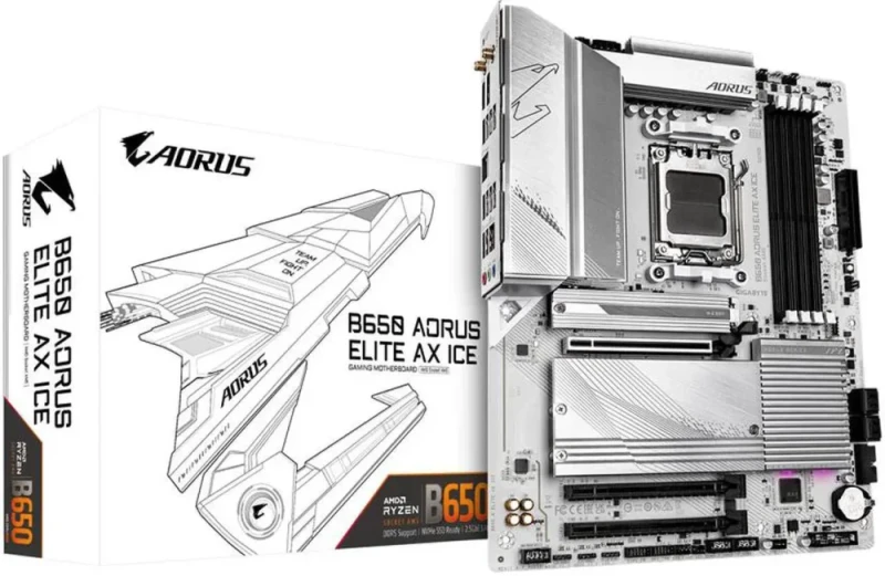 GIGABYTE B650 AORUS ELITE AX ICE AM5 ATX Motherboard - AMD B650, DDR5 up to 8000+(OC), PCIe 5.0 x16, Triple M.2 (1x Gen5), Wi-Fi 6E, 2.5GbE LAN, USB 3.2 Gen2x2 Type-C, EZ-Latch, RGB Fusion, Snow White Edition, 5-Year Warranty - Featured Image