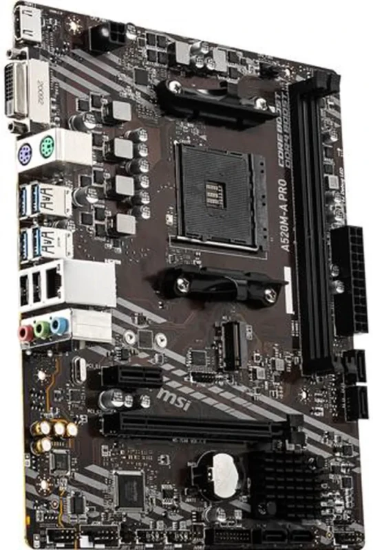 MSI A520M-A PRO AM4 AMD A520 Micro ATX Motherboard - DDR4 up to 4600+(OC), PCIe 3.0 x16, M.2 Slot, SATA 6Gb/s, USB 3.2 Gen1, HDMI, DVI-D, Realtek Gigabit LAN, Core Boost, Supports Ryzen 5000/4000/3000 Series - Black - Featured Image