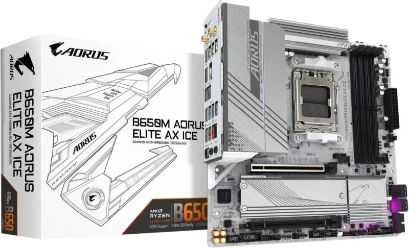 GIGABYTE B650M AORUS ELITE AX ICE AM5 Micro ATX Motherboard - AMD B650, DDR5 up to 8000+(OC), PCIe 5.0 x16, 2x M.2 (1x Gen5), Wi-Fi 6E, 2.5GbE LAN, USB 3.2 Gen2x2 Type-C, Q-Flash Plus, EZ-Latch, RGB Fusion, ICE White Edition - Featured Image