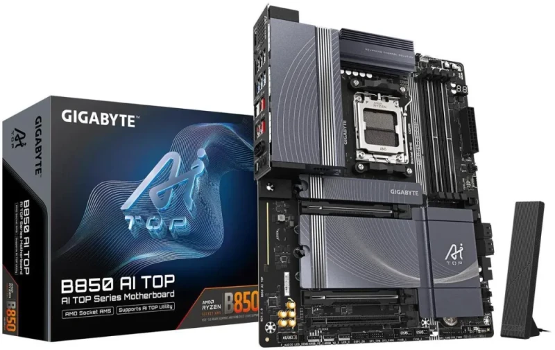 GIGABYTE B850 AI TOP AM5 ATX Motherboard - AMD B850, DDR5, PCIe 5.0 x16 with EZ-Latch, 3x M.2 Slots, Wi-Fi 7, 10GbE LAN, USB-C, AI Overclocking Features, Q-Flash Plus, RGB Fusion - Black - Featured Image