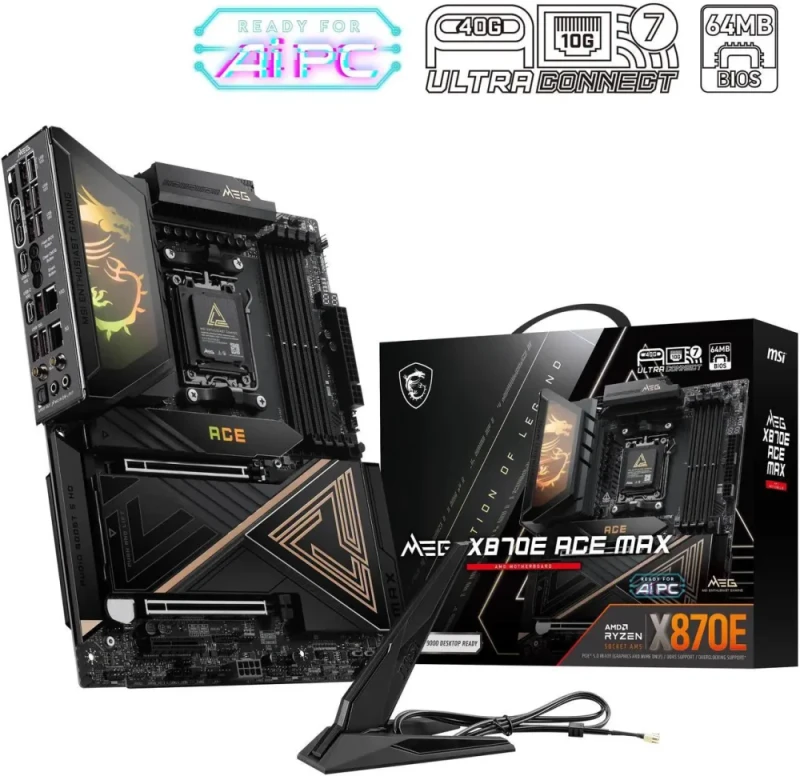 MSI MEG X870E ACE MAX AM5 AMD X870E ATX Motherboard - DDR5 up to 9200+(OC), PCIe 5.0 x16, Multiple M.2 Gen5, Wi-Fi 7, 10G LAN, Thunderbolt 4, USB4, Dynamic Dashboard, Mystic Light RGB, Premium VRM - Black - Featured Image