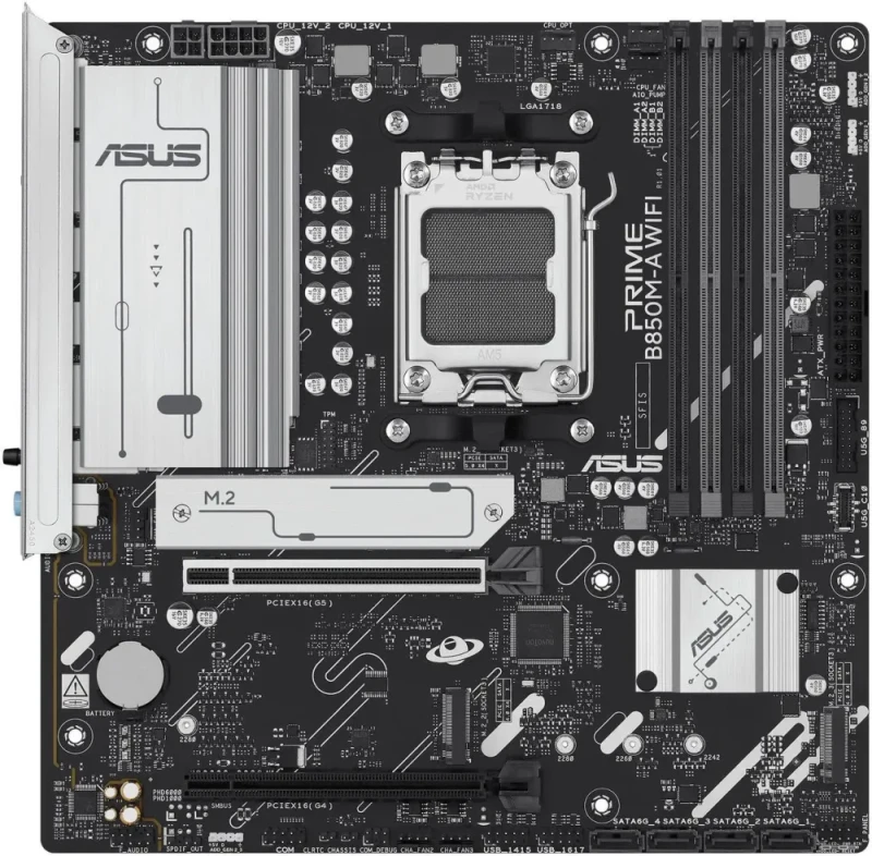 ASUS PRIME B850M-A WIFI-CSM AM5 Micro ATX Motherboard - AMD B850, DDR5, PCIe 5.0 x16, 3x M.2 Slots, Wi-Fi 6E, 2.5Gb LAN, DisplayPort, HDMI, USB Type-C, ASUS Control Center Express Remote IT Management - Black - Featured Image
