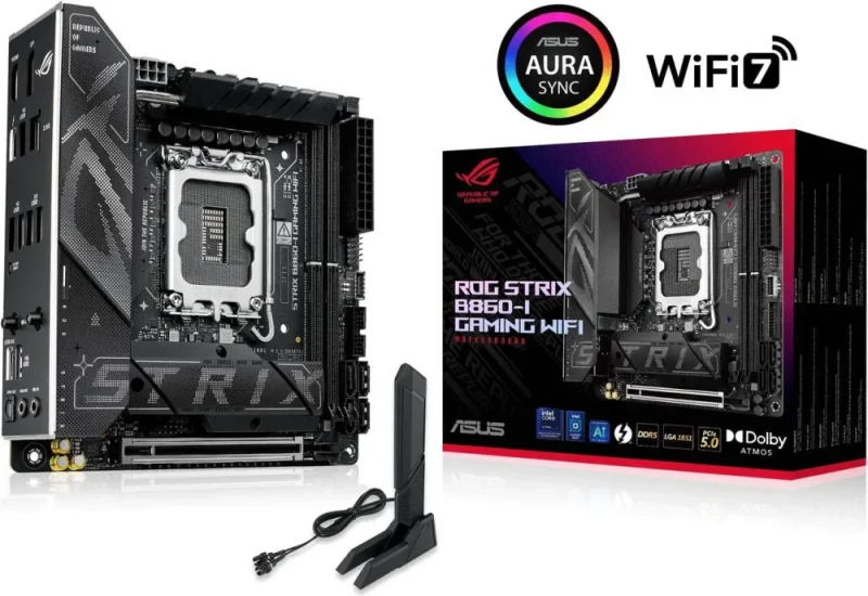 ASUS ROG STRIX B860-I GAMING WIFI LGA 1851 Intel B860 Mini-ITX Motherboard - Core Ultra Series 2 & AI Ready, DDR5, PCIe 5.0 x16, 10+1+2+1 Phase VRM, 2.5G LAN, Wi-Fi 7, Thunderbolt 4, USB Type-C, Aura Sync RGB - Black - Featured Image