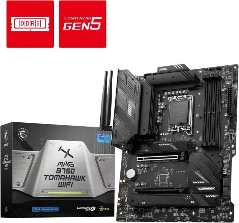 MSI MAG B760 TOMAHAWK WIFI LGA 1700 Intel B760 ATX Motherboard - DDR5, PCIe 5.0 x16, 3x M.2 Slots, Wi-Fi 6E, Intel 2.5Gb LAN, USB 3.2 Gen2x2 Type-C, Mystic Light, Supports 14th/13th/12th Gen Intel Core - Black - Featured Image