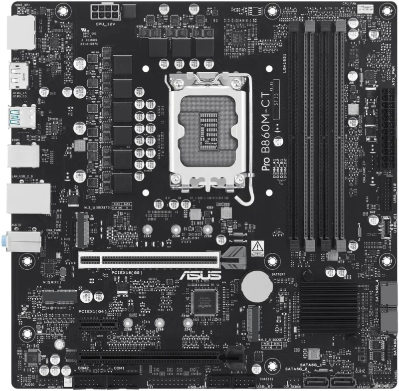 ASUS PRO B860M-CT-CSM LGA 1851 Intel B860 Micro ATX Motherboard - DDR5, PCIe 5.0 x16, 2x M.2 Slots, Intel 1GbE LAN, 2x DisplayPort, HDMI, USB Type-C, Onboard TPM, Enhanced Security & Manageability, Supports Core Ultra Series 2 - Black - Featured Image