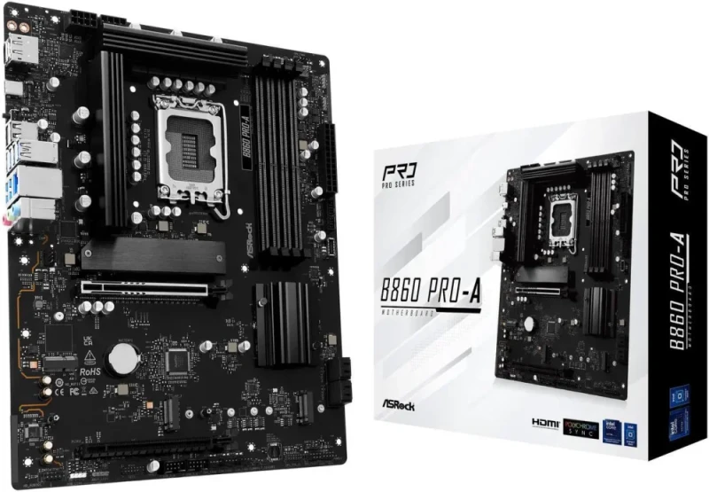 ASRock B860 Pro-A LGA 1851 Intel B860 ATX Motherboard - DDR5 up to 8000+(OC), PCIe 5.0 x16, 4x M.2 (1x Gen5), SATA 6Gb/s, 2.5G LAN, USB 3.2 Gen2x2 Type-C, Polychrome RGB, Supports Core Ultra Series 2 - Black - Featured Image