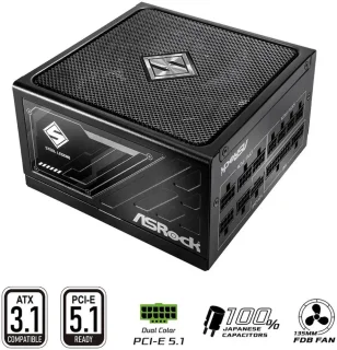 ASRock Steel Legend SL-1000G 1000W Fully Modular Power Supply - 80 PLUS Gold & Cybenetics Platinum, ATX 3.1 & PCIe 5.1 Ready, Dual Color 12V-2x6 Cable, 135mm FDB Fan - Black
