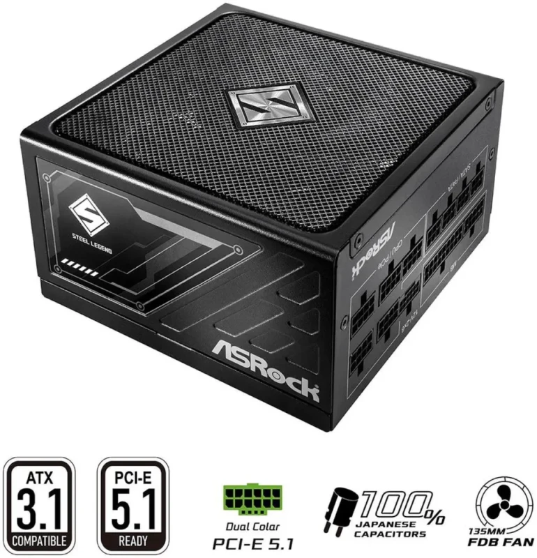 ASRock Steel Legend SL-1000G 1000W Fully Modular Power Supply - 80 PLUS Gold & Cybenetics Platinum, ATX 3.1 & PCIe 5.1 Ready, Dual Color 12V-2x6 Cable, 135mm FDB Fan - Black - Featured Image