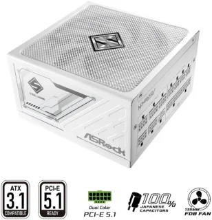 ASRock Steel Legend SL-850GW 850W Fully Modular Power Supply - 80 PLUS Gold & Cybenetics Platinum, ATX 3.1 & PCIe 5.1 Ready, Dual Color 12V-2x6 Cable, 135mm FDB Fan, White Edition - White