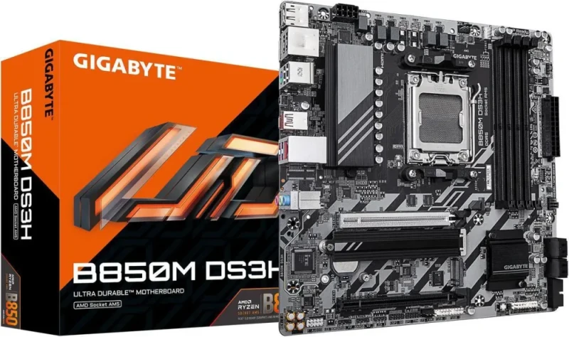 GIGABYTE B850M DS3H AM5 Micro ATX Motherboard - AMD B850, DDR5, PCIe 5.0 x16 with EZ-Latch, 2x M.2 Slots, USB-C, 2.5GbE LAN, HDMI, DisplayPort, Q-Flash Plus, RGB Fusion - Black - Featured Image