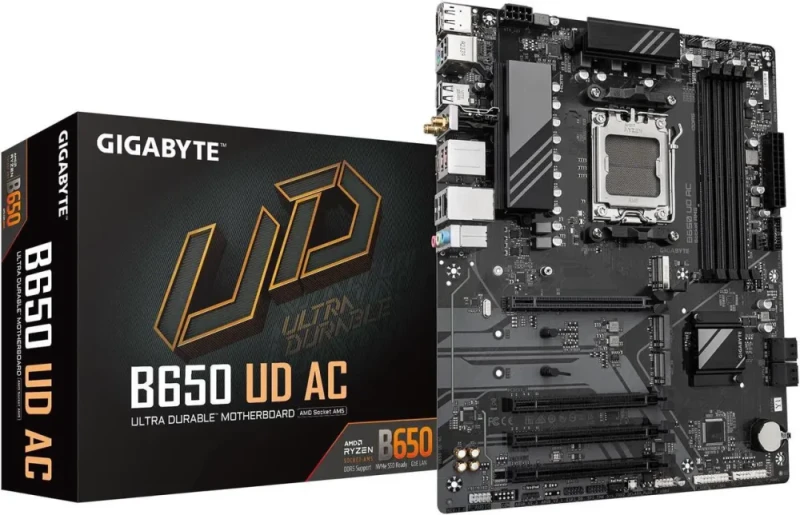 GIGABYTE B650 UD AC (rev. 1.0) AM5 ATX Motherboard - AMD B650, DDR5, PCIe 4.0 x16, M.2 PCIe 4.0, USB 3.2 Gen2x2 Type-C, Realtek GbE LAN, HDMI, Q-Flash Plus, RGB Fusion - Black - Featured Image