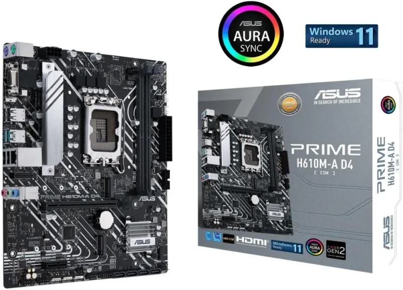 ASUS PRIME H610M-A D4-CSM LGA 1700 Intel H610 Micro ATX Commercial Motherboard - DDR4 up to 3200MHz, PCIe 4.0 x16, 2x M.2 Slots, Intel 1GbE LAN, DP/HDMI/VGA, Rear USB 3.2 Gen2 Ports, SPI-TPM Header, ACCE, Supports 14th/13th/12th Gen Intel Core - Black - Featured Image