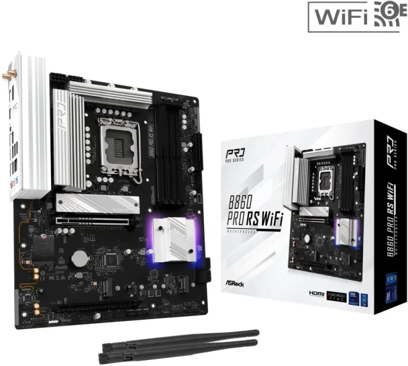 ASRock B860 Pro RS WiFi LGA 1851 Intel B860 ATX Motherboard - DDR5 up to 8000+(OC), PCIe 5.0 x16, 4x M.2 (1x Gen5), SATA 6Gb/s, Wi-Fi 6E, 2.5G LAN, USB 3.2 Gen2x2 Type-C, Polychrome RGB, Supports Core Ultra Series 2 - Black - Featured Image