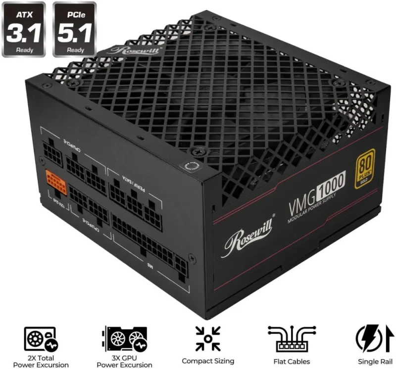Rosewill VMG 1000W Fully Modular Power Supply - 80 PLUS Gold, ATX 3.0 & 3.1 Compatible, PCIe 5.1 Ready, Native 12V-2x6 Connector, 100% Japanese Electrolytic Capacitors, 120mm FDB Silent Fan, Low-Noise - Black - Featured Image