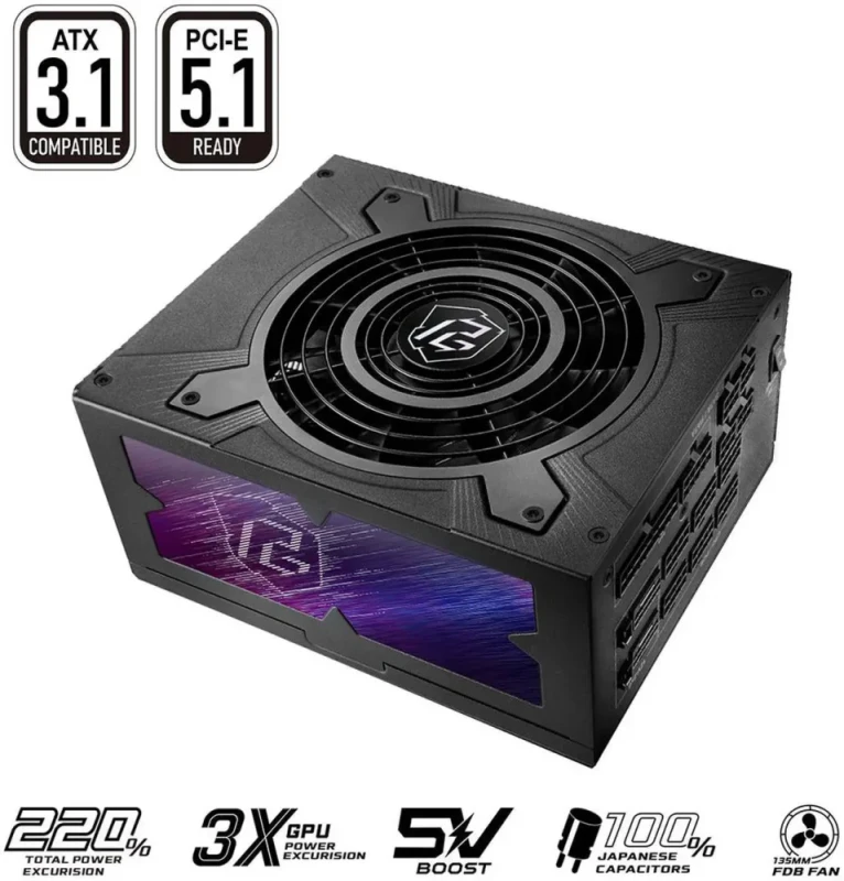 ASRock Phantom Gaming PG-1300G 1300W Fully Modular Power Supply - 80 PLUS Gold & Cybenetics Platinum, ATX 3.1 & PCIe 5.1 Ready, Dual Color 12V-2x6 Cables (2pcs), 135mm FDB Fan - Black - Featured Image