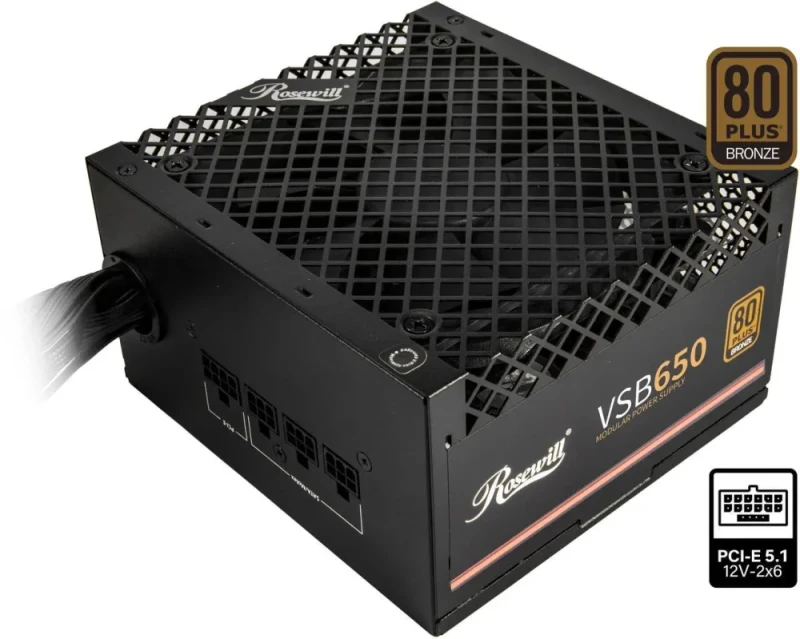 Rosewill VSB 650W Semi-Modular Power Supply - 80 PLUS Bronze, ATX 3.0 & 3.1 Compatible, PCIe 5.1 Ready, Native 12V-2x6 Connector, 105°C Japanese Capacitors, 120mm ICB Silent Fan - Black - Featured Image