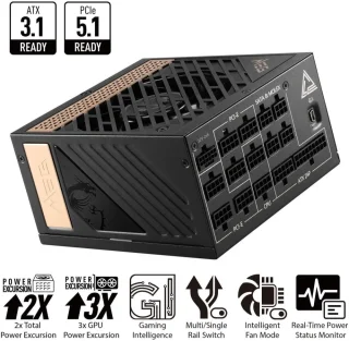 MSI MEG Ai1300P PCIE5 1300W Fully Modular Power Supply - 80 PLUS Platinum, ATX 3.1 & PCIe 5.1 Ready, Native 12V-2x6 Cable, 100% Japanese Capacitors, Low-Noise Fan, Sleeve Cables - Black