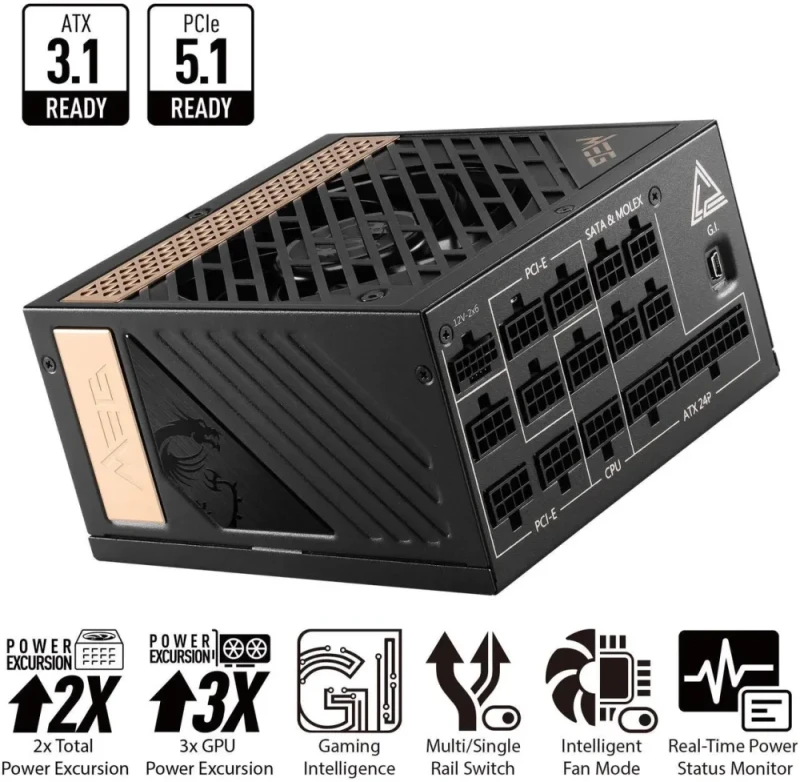 MSI MEG Ai1300P PCIE5 1300W Fully Modular Power Supply - 80 PLUS Platinum, ATX 3.1 & PCIe 5.1 Ready, Native 12V-2x6 Cable, 100% Japanese Capacitors, Low-Noise Fan, Sleeve Cables - Black - Featured Image