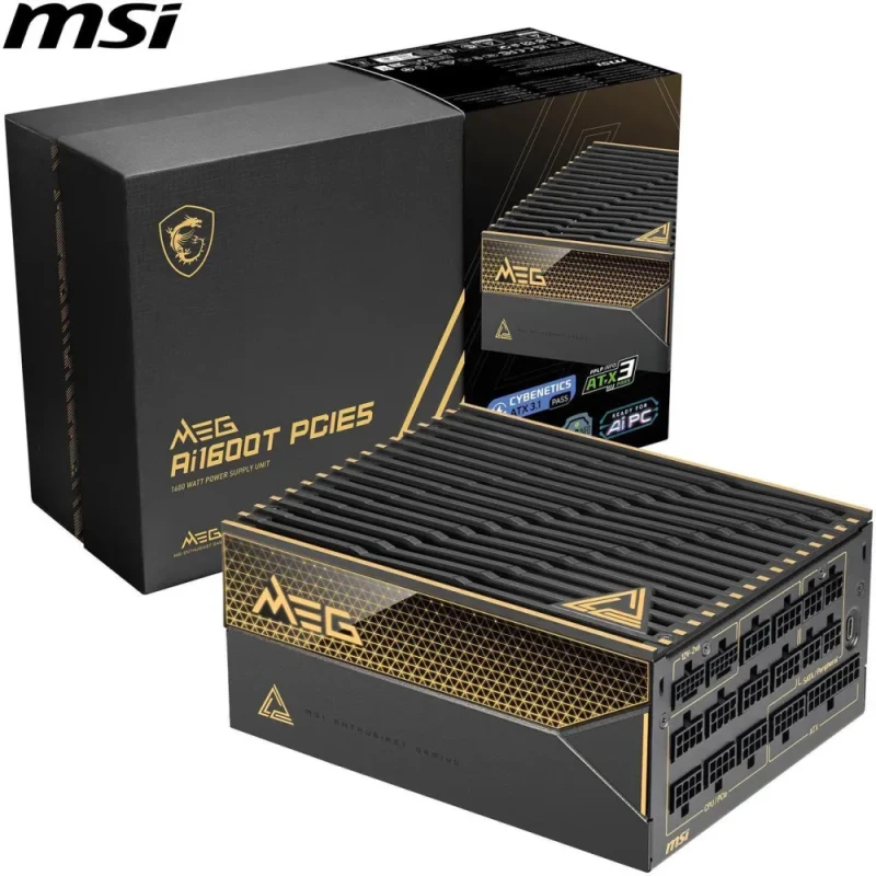 MSI MEG Ai1600T PCIE5 1600W Fully Modular Power Supply - 80 PLUS Titanium, ATX 3.1 & PCIe 5.1 Ready, Dual 12V-2x6 Cables, Server-Grade Japanese Capacitors, Low-Noise Fan, Braided Cables - Black - Featured Image