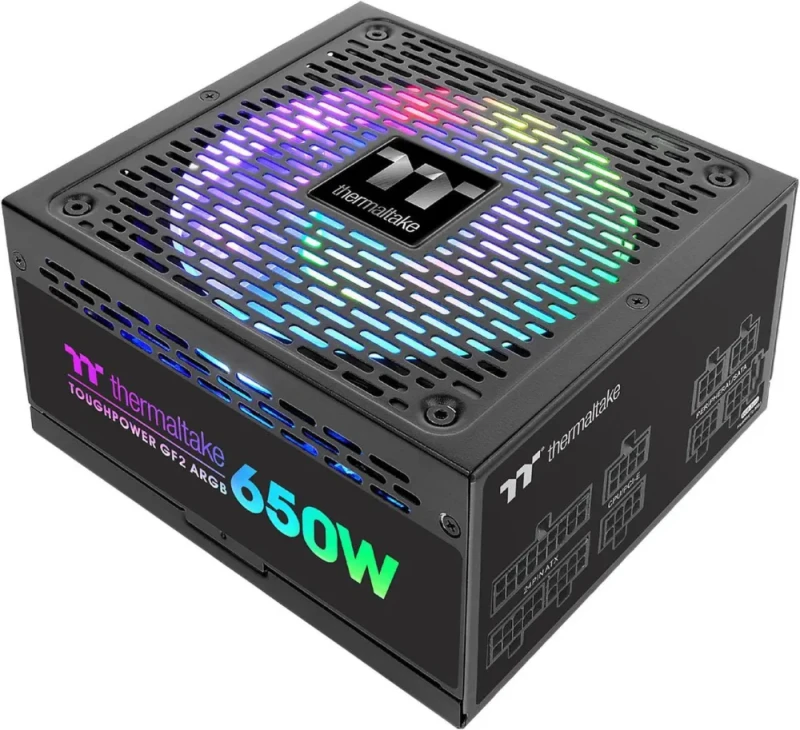 Thermaltake Toughpower GF2 ARGB 650W Fully Modular ATX Power Supply - 80 PLUS Gold, 16.8M Colors Riing Duo 140mm RGB Fan, 18 Addressable LEDs, ARGB Side Panels, 5V Motherboard Sync, Smart Zero Fan, Low Ripple Noise - Featured Image