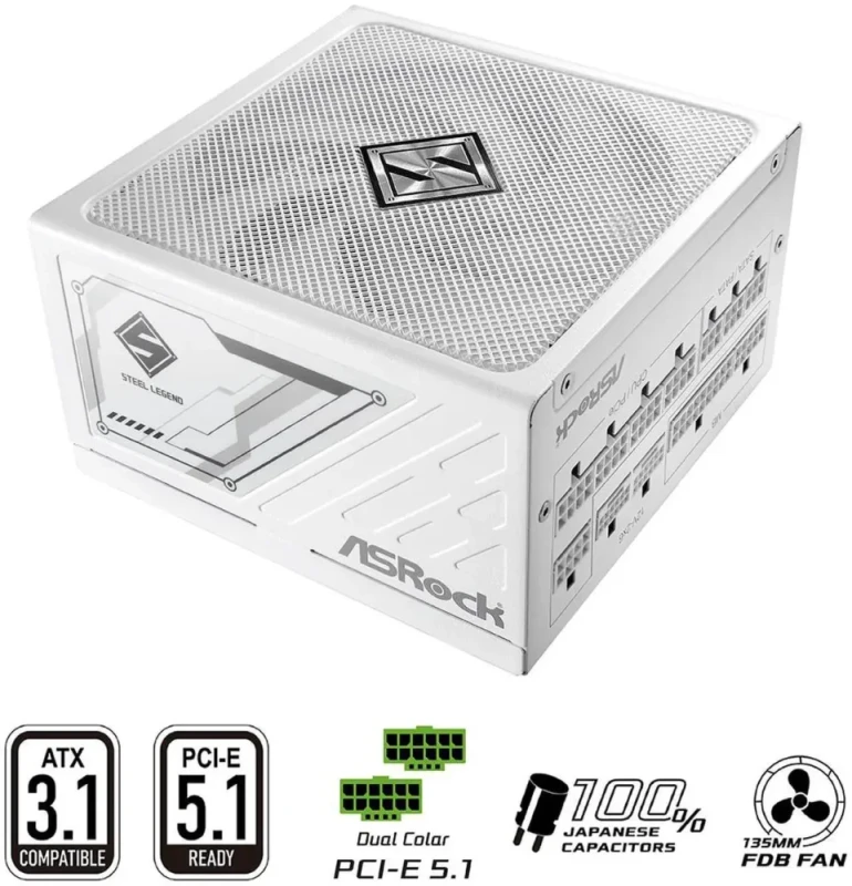 ASRock Steel Legend SL-1200GW 1200W 80 PLUS Gold Cybenetics Platinum Fully Modular White PSU - ATX 3.1 PCIe 5.1 Ready, Native Dual Color 12V-2x6 Connector, 135mm FDB Fan, Japanese Capacitors, White Edition - Featured Image