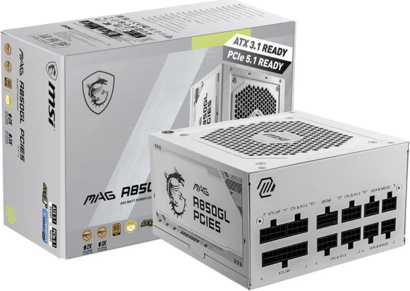 MSI MAG A850GL PCIE5 White 850W 80 PLUS Gold Fully Modular PSU - ATX 3.1 PCIe 5.1 Ready, Native Dual-Color 12V-2x6 Connector, 120mm FDB Fan, Compact 140mm Depth, Japanese Capacitors - Featured Image