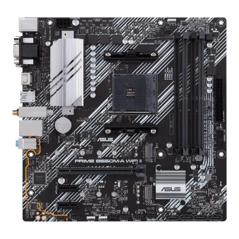 ASUS PRIME B550M-A WIFI II AMD B550 Micro-ATX Motherboard – AM4 Socket, Dual PCIe 4.0/3.0 M.2 Slots, DDR4 4866(OC)/4800(OC) Support, Wi-Fi 6 & Bluetooth 5.2, 1× HDMI/1× DVI-D/VGA, Realtek 7.1 Audio, Gigabit Ethernet & Robust Power Design for Gaming/Workstation PC Builds - Featured Image