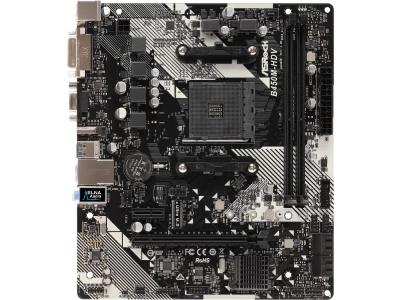 ASRock B450M‑HDV R4.0 AMD AM4 Micro‑ATX Motherboard – AMD B450 Chipset, 2× DDR4 DIMM up to 32 GB, 1× PCIe 3.0 x16, 1× PCIe 2.0 x1, HDMI/DVI‑D/D‑Sub Video, 7.1 CH HD Audio (Realtek ALC887), Gigabit LAN, 4× SATA3, 1× M.2 NVMe/SATA Slot – Budget Desktop/Office PC Board - Featured Image