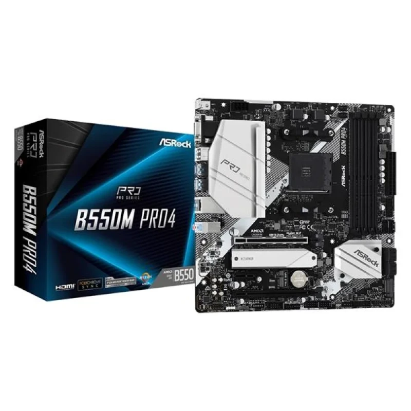 ASRock B550M Pro4 AMD AM4 Micro‑ATX Motherboard – AMD B550 Chipset, Supports Ryzen 3000/4000/5000 Series, 4× DDR4 DIMM (up to 4733+ OC), 1× PCIe 4.0 x16 + PCIe 3.0 x16 + PCIe 3.0 x1, 3× M.2 (PCIe/SATA), 6× SATA 6 Gb/s, Realtek Gigabit LAN, HDMI/DisplayPort/D‑Sub, USB 3.2 Gen2 Type‑A & Type‑C, 7.1‑ch HD Audio – mATX PC Board - Featured Image