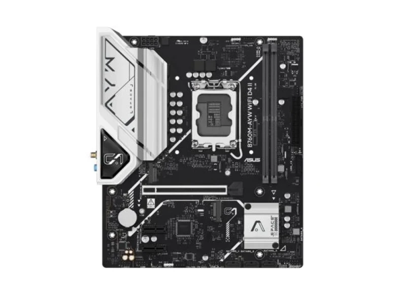 ASUS B760M‑AYW WIFI D4 II Intel B760 LGA1700 Micro‑ATX Motherboard – Supports Intel 14th/13th/12th Gen CPUs, DDR4 up to 5333(OC), 2× M.2 PCIe 4.0 NVMe, PCIe 5.0 x16, Realtek 2.5Gb Ethernet, Wi‑Fi 6 (802.11ax) & Bluetooth 5.x, 4× SATA 6Gb/s, HDMI, USB 5Gbps Type‑A, Aura Sync RGB, Compact mATX Board for Gaming & Productivity - Featured Image