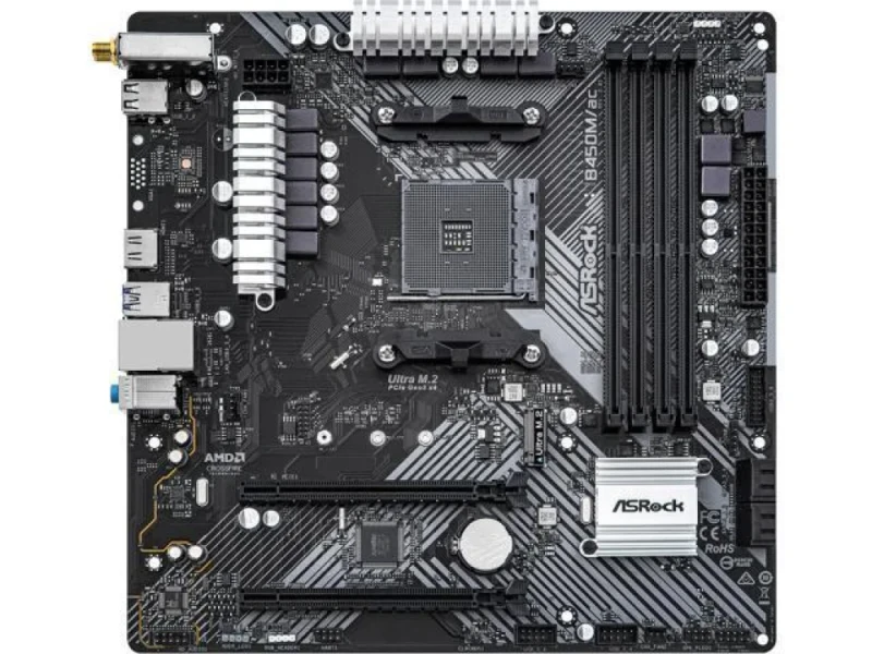 ASRock B450M/AC R2.0 AM4 Micro‑ATX Motherboard ‑ AMD B450 Chipset, Supports Ryzen 2000/3000/4000/5000 Series, DDR4 3200, Dual‑Channel 4 DIMM, Intel Dual‑Band 802.11ac Wi‑Fi + Bluetooth 4.2, Realtek Gigabit LAN, 1× PCIe 3.0 x16, 1× PCIe 2.0, 1× M.2 PCIe Gen3, 4× SATA3, HDMI, 7.1‑Channel HD Audio - Featured Image