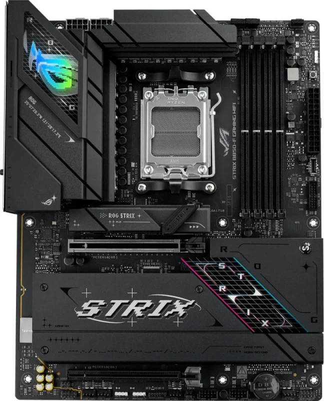 ASUS ROG STRIX B850‑F GAMING WIFI AM5 ATX Motherboard ‑ AMD B850 Chipset, Socket AM5 for Ryzen 7000/8000/9000 Series, DDR5 8000+ (OC), 4× M.2 Slots (PCIe 5.0/4.0), PCIe 5.0 x16, Intel 2.5Gb Ethernet, Wi‑Fi 7 (802.11be) + Bluetooth 5.4, USB 3.2 Gen2x2 Type‑C, HDMI & DisplayPort, ROG SupremeFX 7.1 Audio, Aura Sync RGB - Featured Image