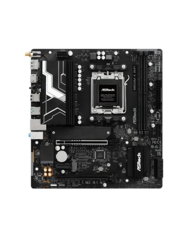 ASRock B850M‑X WiFi R2.0 AM5 Micro‑ATX Motherboard – AMD B850 Chipset, Socket AM5 for Ryzen 7000/8000/9000 CPUs, DDR5‑8200+ (2 DIMMs, 128 GB), Wi‑Fi 6E & Bluetooth 5.2, Realtek 2.5G LAN, 2× M.2 NVMe & 4× SATA, HDMI & DisplayPort, USB‑C & USB 3.2 - Featured Image
