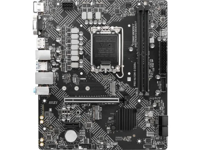 MSI PRO H610M‑G DDR4 Micro‑ATX Motherboard – Intel H610 LGA1700, DDR4 up to 3200 MHz, 2x DIMM, 1x M.2 PCIe 3.0 & 4x SATA III, 1x PCIe 4.0 x16, HDMI 2.1, DisplayPort, VGA, Intel Gigabit LAN, Realtek ALC892/ALC897 7.1 Audio, USB 3.2 Gen1 & USB 2.0 I/O - Featured Image