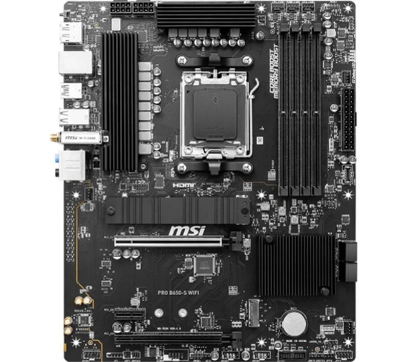 MSI PRO B650‑S WIFI ATX Motherboard – AMD B650 AM5, DDR5 up to 7200+ MHz (4× DIMM), 2× PCIe 4.0 & PCIe 3.0 Slots, Dual M.2 (PCIe 4.0 x4), Wi‑Fi 6E & Bluetooth 5.3, Realtek 2.5 Gb LAN, HDMI 2.1 & DisplayPort, USB 3.2 Gen2x2 Type‑C & USB A, Realtek ALC897 7.1 Audio - Featured Image