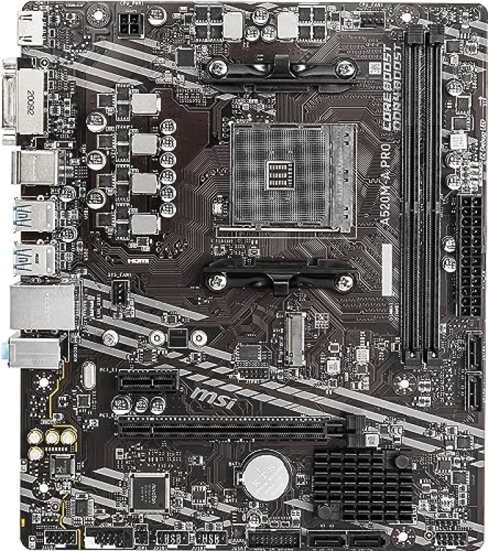 MSI A520M‑A PRO Micro‑ATX Motherboard – AMD A520 AM4 DDR4 up to 4600 MT/s (OC), Dual DIMM, 1× M.2 PCIe 3.0 & SATA III, PCIe 3.0 x16 & x1 Slots, HDMI & DVI‑D Display Outputs, Realtek Gigabit LAN, Realtek ALC892 7.1 Audio, USB 3.2 Gen1 & USB 2.0 I/O, I/O Shield Included - Featured Image