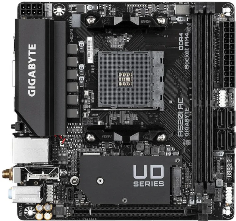 Gigabyte A520I AC Mini‑ITX Motherboard – AMD A520 Chipset, AM4 Socket for Ryzen 5000/4000/3000 Series, Dual DDR4 DIMM (up to ~5300 MHz OC), PCIe 3.0 x16 & 1× M.2 NVMe/SATA, Intel Dual‑Band 802.11ac Wi‑Fi 5 & Bluetooth 4.2, Realtek GbE LAN, 2× HDMI + DisplayPort, USB 3.2 Gen1 & USB 2.0 - Featured Image