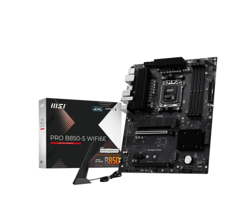 MSI PRO B850‑S WIFI6E AM5 ATX Motherboard – AMD B850 Chipset, Supports AMD Ryzen 7000/8000/9000 CPUs, DDR5 up to 8200+ MT/s OC, Wi‑Fi 6E & Bluetooth 5.3, 2.5G LAN, 2× M.2 (PCIe 5.0/4.0), PCIe 4.0/PCIe 3.0 Slots, HDMI 2.1 & DisplayPort, Realtek ALC897 7.1 Audio - Featured Image
