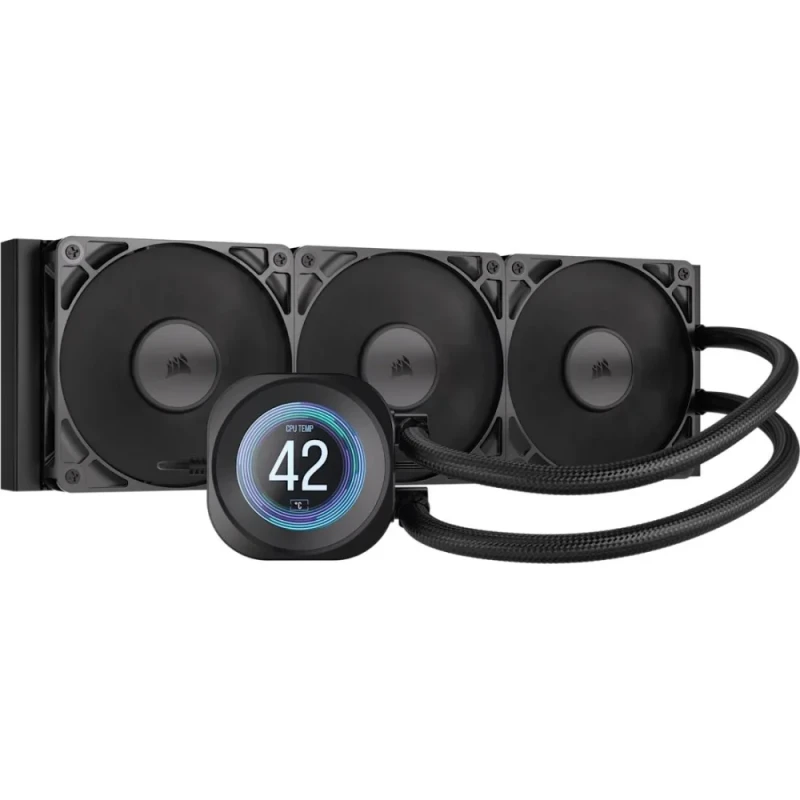 Corsair NAUTILUS 360 RS LCD 360 mm All‑in‑One Liquid CPU Cooler – 2.1″ IPS LCD Display, Triple RS120 PWM Fans (420–2100 RPM), High Static Pressure 72.8 CFM, Aluminum Radiator & Copper Cold Plate, Intel LGA1851/1700 & AMD AM5/AM4 Support, iCUE Integration, Black AIO Cooling System - Featured Image