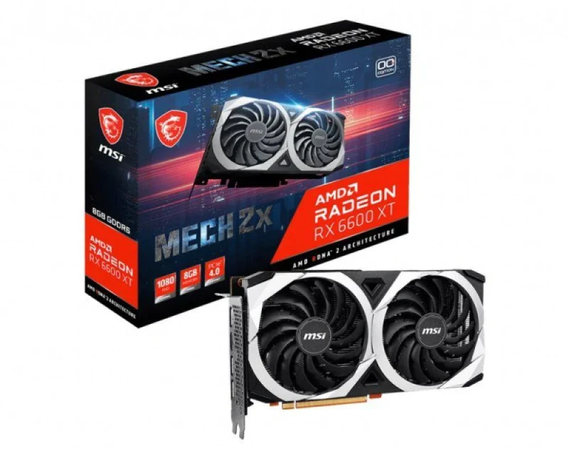 MSI RX 6600 XT MECH 2X 8G OC Radeon RX 6600 XT – AMD RDNA 2 GPU, 8GB GDDR6, 128-bit, Boost Clock up to 2607 MHz, Dual-Fan MECH Cooling, PCIe 4.0, HDMI/DP Outputs, High-FPS 1080p Gaming, 235 mm - Featured Image