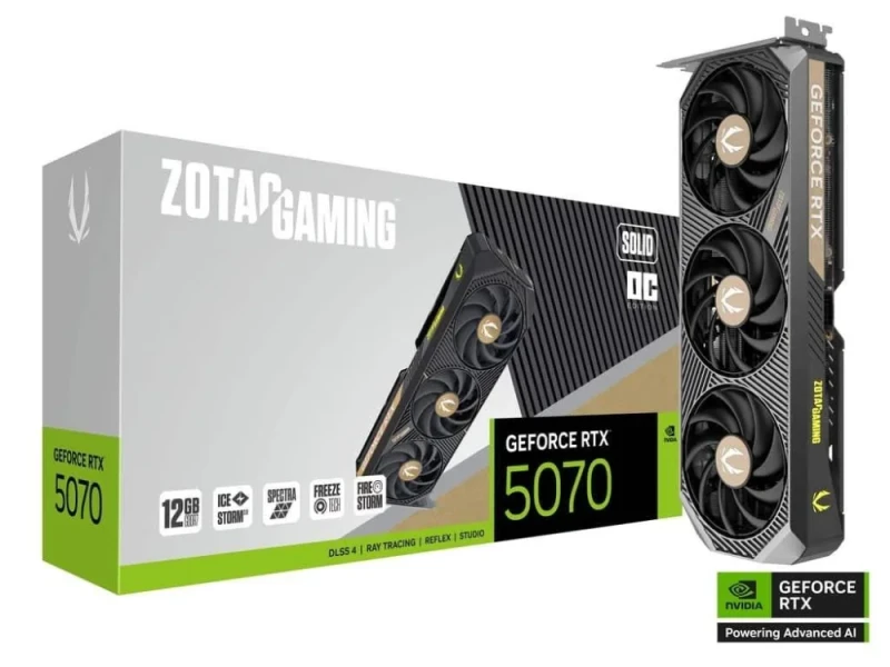 Zotac GAMING SOLID OC GeForce RTX 5070 12GB – NVIDIA Next-Gen GPU, 12GB GDDR7, Boost Clock up to 2700 MHz, SOLID Triple-Fan Cooling, Factory OC Performance, Ray Tracing & AI Acceleration, PCIe 5.0, HDMI/DP, 304 mm - Featured Image
